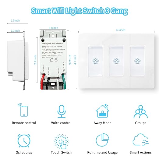 Milfra Touch Smart Switch - 3 Gang, WiFi Light Switches, Alexa Compatible, Neutral Wire Needed, No Hub Required
