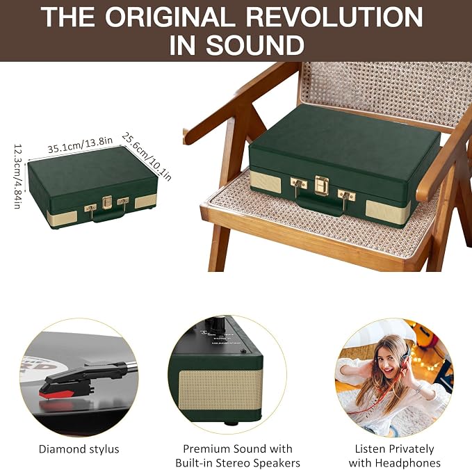 Record Player 3 Speed Bluetooth Portable Suitcase Vinyl Player with Built-in Speakers Turntable Enhanced Audio Sound PU Leather Vintage