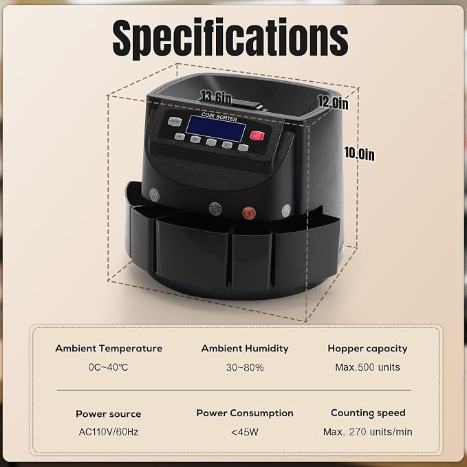 Coin Counter 270 Units/Min, USD Coin Sorter and Wrapper Machine Sort 300-Coin Capacity, Automatic Change Counter with LCD Display for 1￠ 5￠ 10￠ 25￠ $1, Included 5 Coin Bins & 5 Tubes & 5 Wrappers