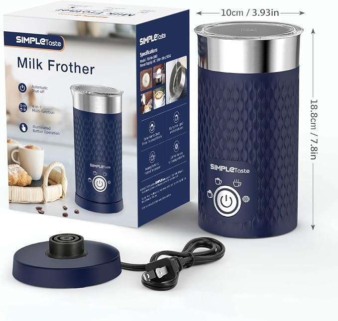 SIMPLETASTE Milk Frother, 4-in-1 Electric Milk Steamer, Automatic Warm and Cold Foam Maker and Milk Warmer for Latte, Cappuccinos, Macchiato