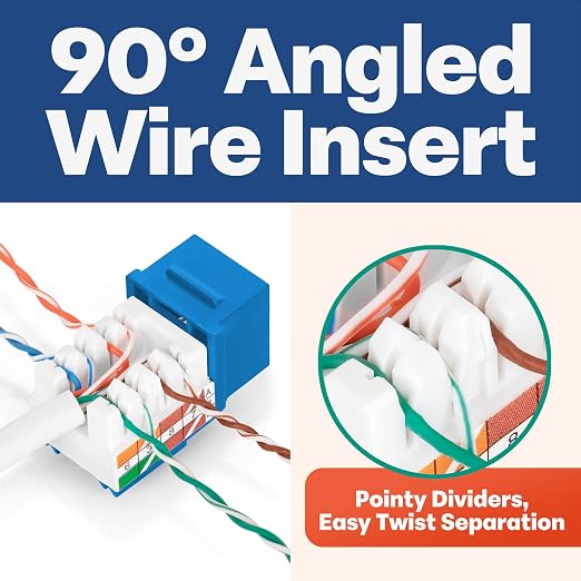 Everest 90° Angled RJ45 Cat5e Keystone Jacks 10-Pack in Blue - Slim Profile Female RJ45 Connectors - Cat 5e Keystone Jack - Compatible with 90° Angled Speed Termination Tool - easyJACK (B094WB91H3)