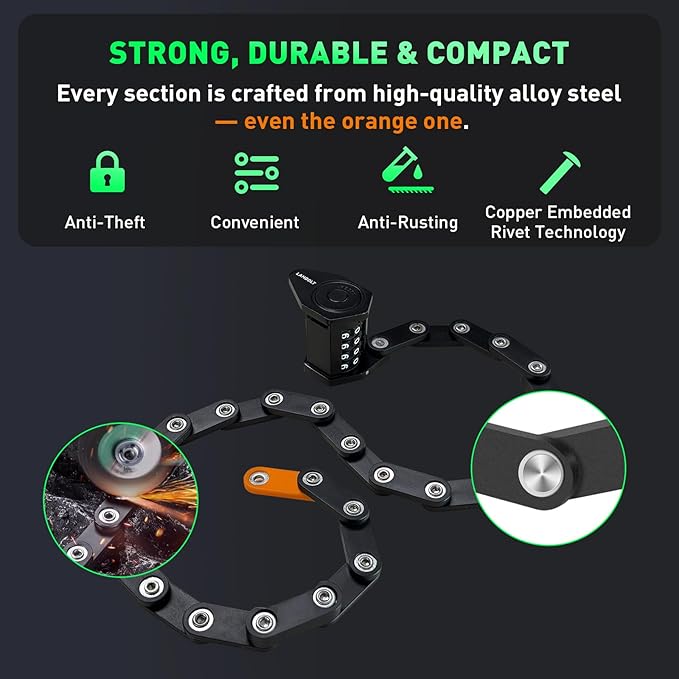 Lambolt Electric Scooter Lock - Heavy Duty Anti-Theft Folding Combination Bike Lock for Ebike | Compact Alloy Steel Security Chain Lock with Mounting Bracket