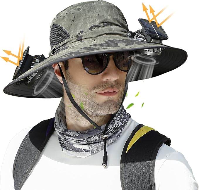 Solar Fan Hat,Wide Brim Solar Powered Fan Hat,Sun Hat with 2 Built-in Fans for Men