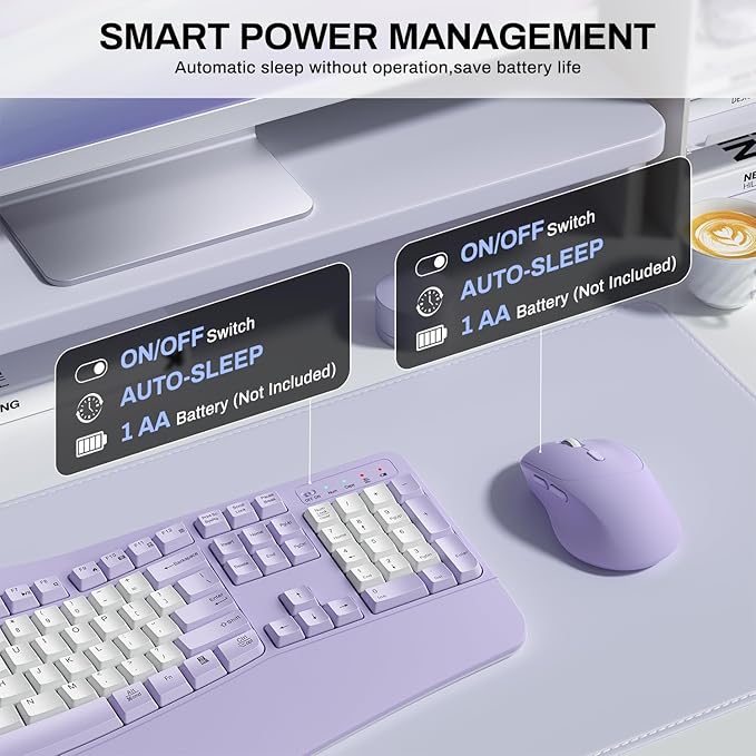 Wireless Keyboard and Mouse Combo,2.4G Full Size Wave Keys Ergonomic Keyboard with Wrist Rest for Natural Typing, 3 DPI Adjustable Ergonomic Mouse for Computer/Laptop/Windows/Mac (Purple & White-B)