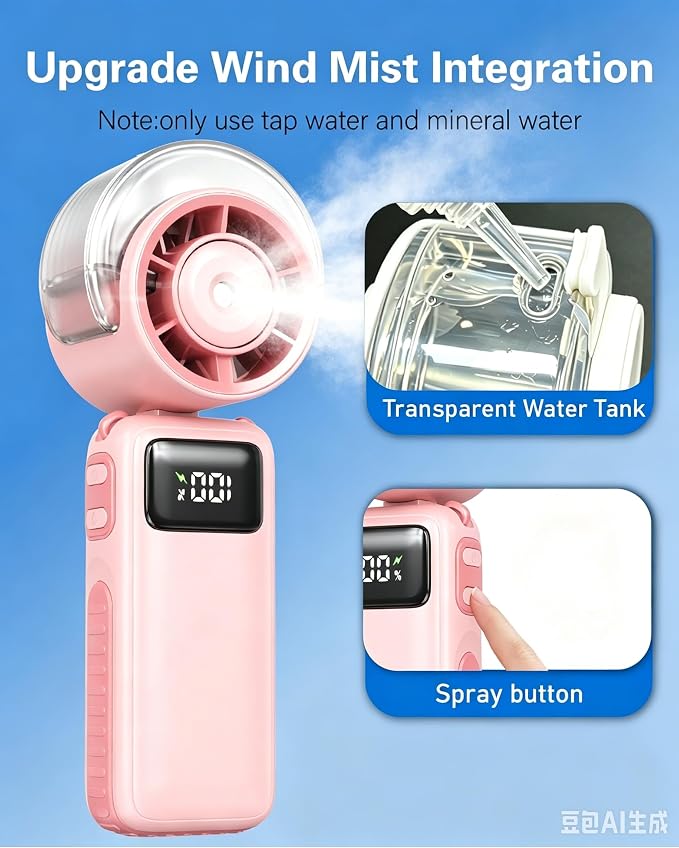 Portable Handheld Misting Fan Foldable, 6000mAh USB Rechargeable Personal Cooling Fan,5 Speed Mini Water Spray Fan,3 in 1 Hand/Desk/Neck Turbo Mist Fans for Home Outdoor Travel Beach Camping (pink)