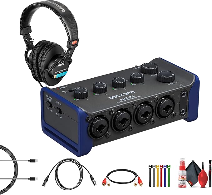Zoom AMS-44 USB Audio Interface, 4 Inputs, 4 Outputs, Direct Monitoring, for Recording and Streaming on PC, Mac, iOS, and Android Bundle with MDR-7506 Professional Stereo Headphones + More