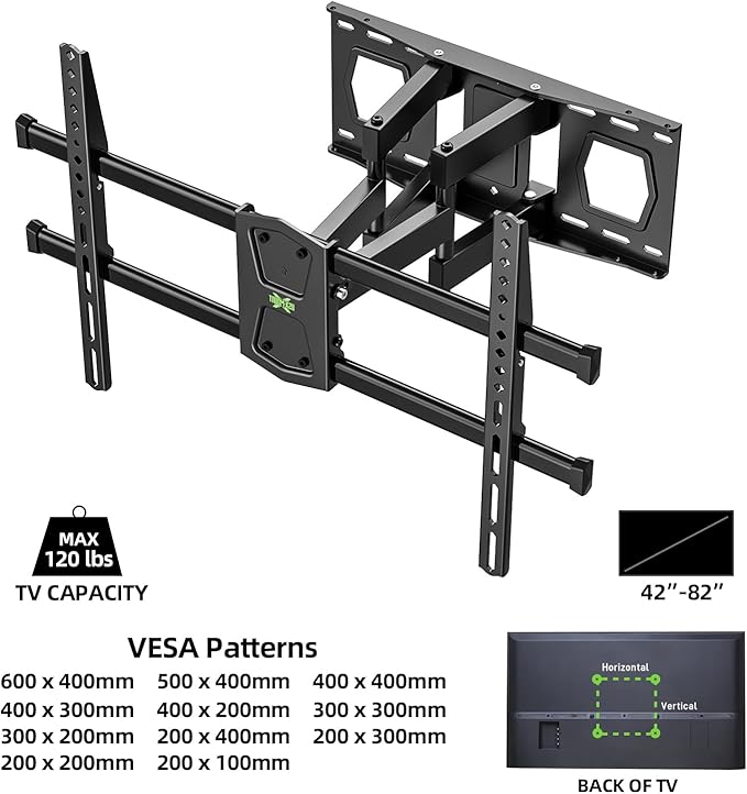 USX MOUNT Full Motion TV Wall Mount for 42-82 Inch TVs up to 120lbs, Wall Mount TV Bracket with Articulating Swivel Tilt Extension Leveling, Max VESA 600x400mm Fits 12/16" Wood Stud