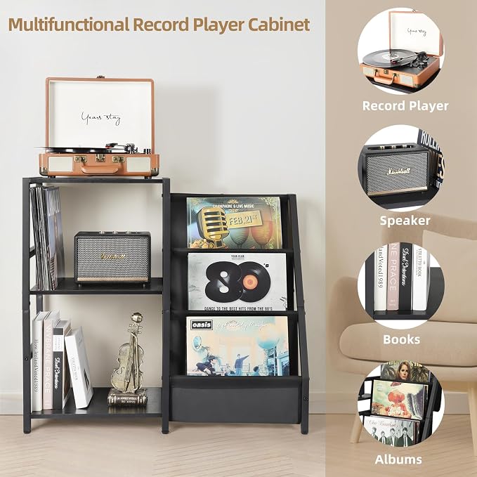 Bikoney Record Player Stand, Turntable Stand with 3-Tier Vinyl Record Storage, Record Player Table Up to 200 Albums, End Table for Records, Vinyl Record Holder