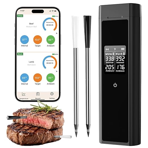 BlueSwan Bluetooth Meat Thermometer Digital, Food Thermometer Wireless 820 ft Range with 2 Color Probes with APP for Grill, Smoker, Oven, Magnetic Design for Cooking, BBQ, Birthday Gifts for Men Dad