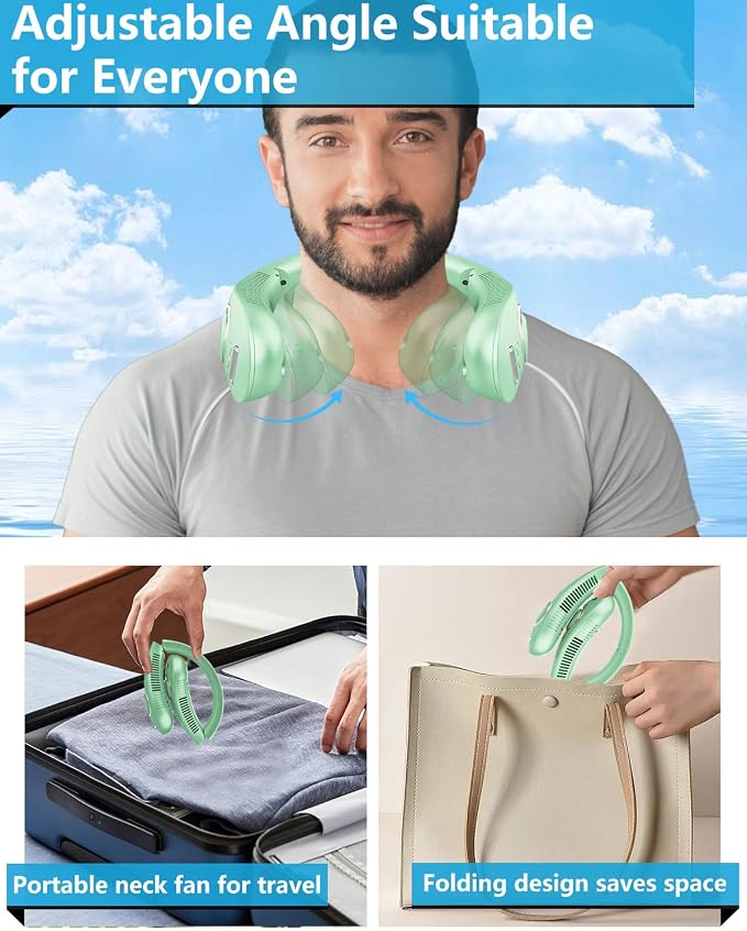 Neck Fan that Blow Cold Air with Water Mist, Rechargable USB-C & LED Display, Personal Ventilador de Agua de Aire Frio, Mobile Portable Wearable AC Fans for Kid Girl Mens Outdoor Travel Sports, Green