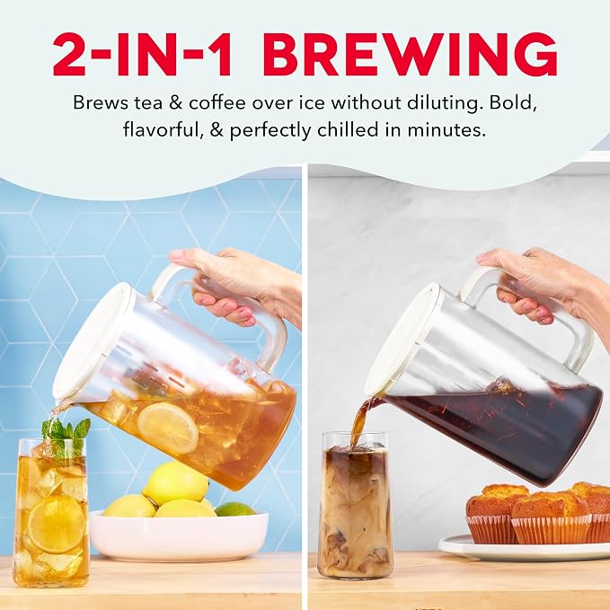 DASH Summer Sippers™ Iced Tea Maker and Iced Coffee Maker - Dissolves Sugar, Brews Over Ice - Reusable Coffee Filter for Grounds, Loose-Leaf Tea & Bags - Two 32oz Pitchers & Infuser Cylinders