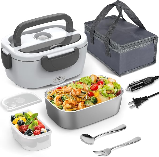 Electric Heated Lunch Box for Adults 80W Portable Food Warmer with 12V/24V/110V/220V for Work Travel Jobsite Camping Christmas Loncheras Para Hombres De Trabajo Gifts Fathers Day for Dad Husband Men
