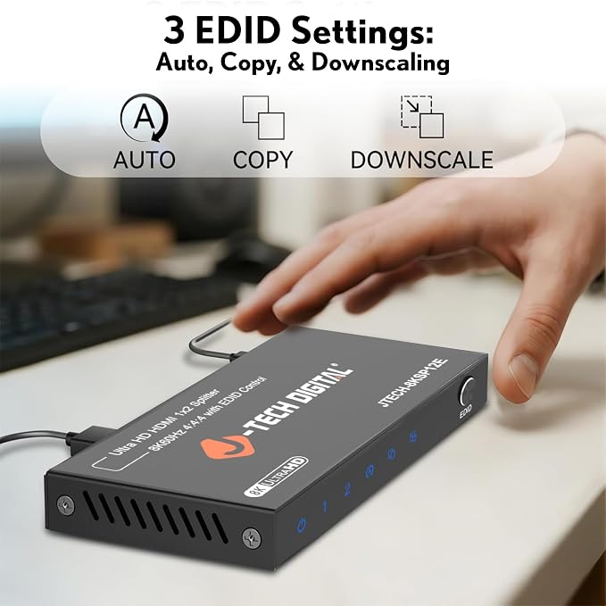 J-Tech Digital 8K HDMI 2.1 Splitter 1 in 2 Out, HDMI 1x2 Splitter 8K@60Hz 4K@120Hz 1080P@240Hz, Duplicate/Mirror Screen 3 EDID Modes with Downscaling [JTECH-8KSP12E]
