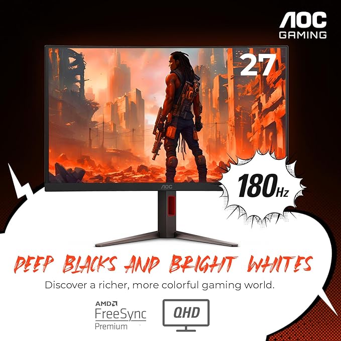 AOC CQ27G4H 27" Curved Gaming Monitor, QHD 2K 2560x1440, 1500R VA, 180Hz 0.5ms, AMD FreeSync Premium, Height Adjustable Stand, Xbox PS5 Switch Compatiable, 3-Year Zero-Bright-dot