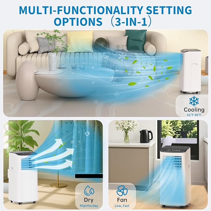 8000 BTU Portable Air Conditioner 3 in 1 Portable AC Unit Dehumidifier Fan Compact Room Air Conditioner for Bedroom Living Room Office Dorm Up to 350 Sq ft Quiet Under 55 DB Sleep Mode White
