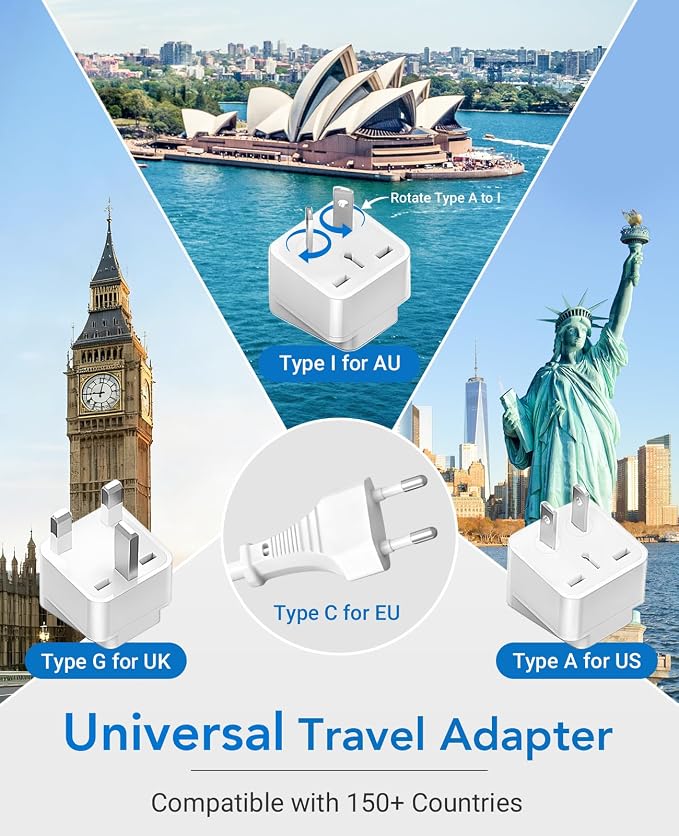 BESTEK Universal Travel Adapter 220V to 110V Voltage Converter with 0-2.4A 4 Port USB Charging and UK/AU/US/EU Worldwide Plug Adapter (White)
