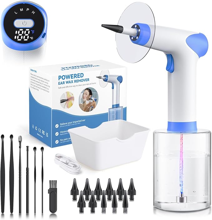 Ear Wax Removal, Electric Ear Cleaning Kit with Light, Ear Irrigation Kit with 4 Pressure Modes, Safe and Effective Ear Flush Kit with Ear Cleaner - Includes Basin, Towel & 12 Tips, (White)