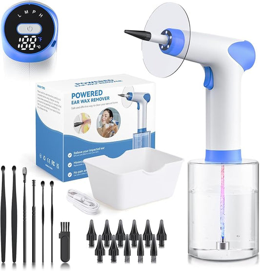 Ear Wax Removal, Electric Ear Cleaning Kit with Light, Ear Irrigation Kit with 4 Pressure Modes, Safe and Effective Ear Flush Kit with Ear Cleaner - Includes Basin, Towel & 12 Tips, (White)