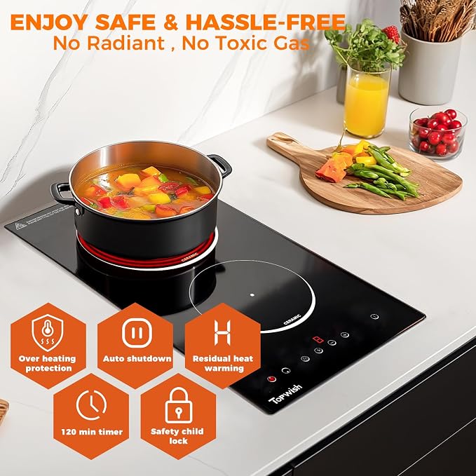Electric Cooktop, TOPWISH 2 Burner Electric Cooktop Built-in, 110V Plug in Cook Top Stove Burners for Cooking, 12 Inch Stove Top with Touch Control, Timer, Child Lock, Over Heat Protection