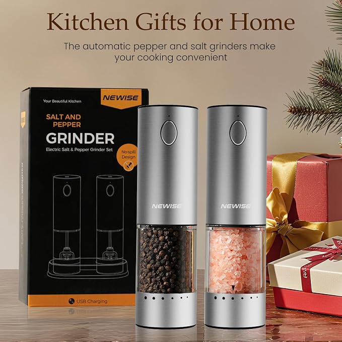 Electric Salt and Pepper Grinder Set - Acacia Wood Base, Rechargeable & Automatic Pepper Mill with LED Lights, Adjustable Coarseness, 95ml Large Capacity for Kitchen