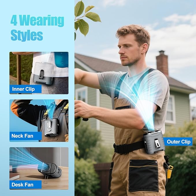Upgraded Portable Waist Fan & Neck Fan, Up to 40H Runtime, 10000mAh Rechargeable Clip-On Belt Fan with 5-Speed 16000 RPM Turbo Airflow, Personal Wearable Fan for Outdoor Work, Camping, Travel - Gray