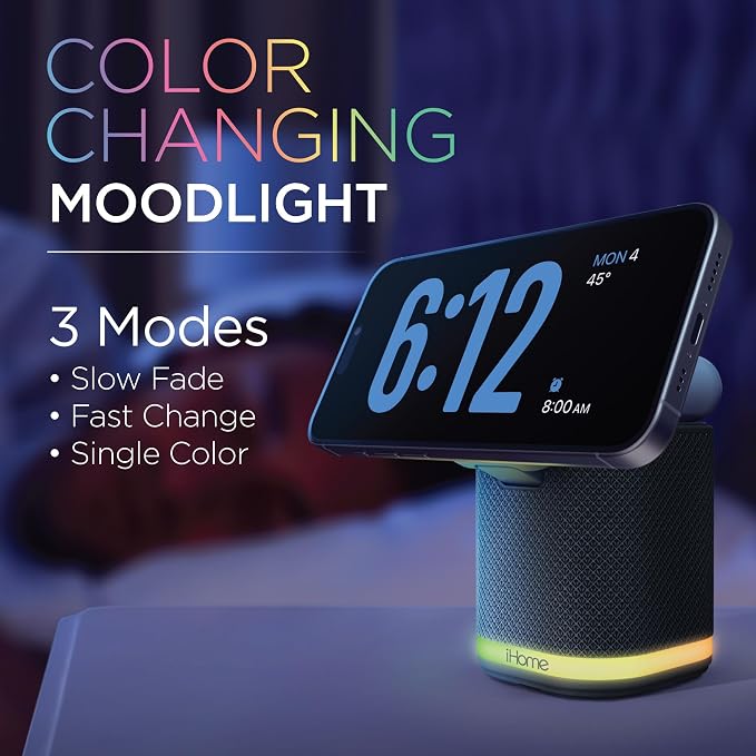 iHome Bluetooth Speaker with Wireless Charger, Charging Station with Color Changing Night Light - Dark Gray (iPBT50DG)
