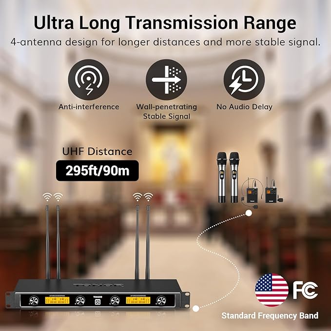 TONOR Wireless Microphones System with Metal 2 Cordless Mic and 2 Headset/Lapel/Lavalier Mic, Bodypack Transmitter, Receiver for Karaoke Church Singing Party PA Speaker, 4*10 Channels 90 m/295ft Range