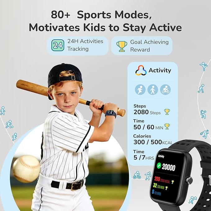 Smart Watch Kids，Fitness Watch for Kids with Health Monitor, Activities Track & Drinking/Rest/Homework Reminder, IP68 Waterproof Smartwatch with Puzzle Games, Boys Gift for Birthday, School-Black