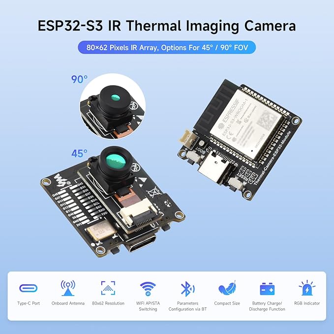 Waveshare ESP32-S3 IR Thermal Imaging Camera Module, Type-C Port, 80×62 Pixels, 90 ° Field of View Angle