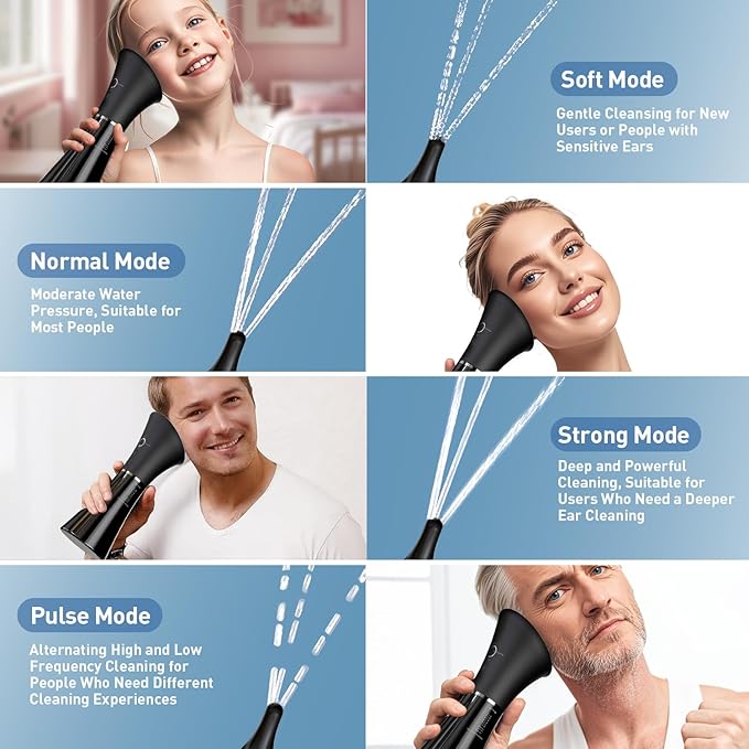 Electric Ear Wax Removal System, Water Powered Ear Cleaning Tool with Irrigation Flusher, 6 Tips, 4 Pressure Settings - Safe & Effective for Ear Wax Buildup Flushing and Cleaning