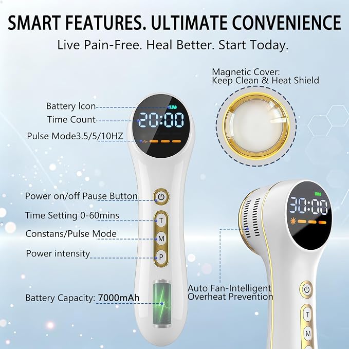 7000mAh Cold Laser Therapy Device for Pain Relief, Red Light Therapy with Pulse Mode, 3 Levels Power, 60mins Timer, Human Pets Dogs Treatment for Joint Would Healing, 4x980nm + 5x808nm + 16x650nm