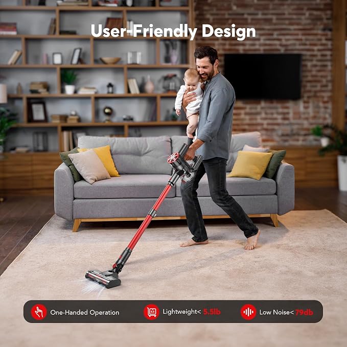 Comvtu Cordless Vacuum Cleaner for Home, 80,000PRM Powerful 4 in 1 Lightweight Stick Vacuum with 2 Adjustable Suctions, Max 40 Mins Runtime, 2600mAh Rechargeable Vacuum Cleaners (Deep Red)