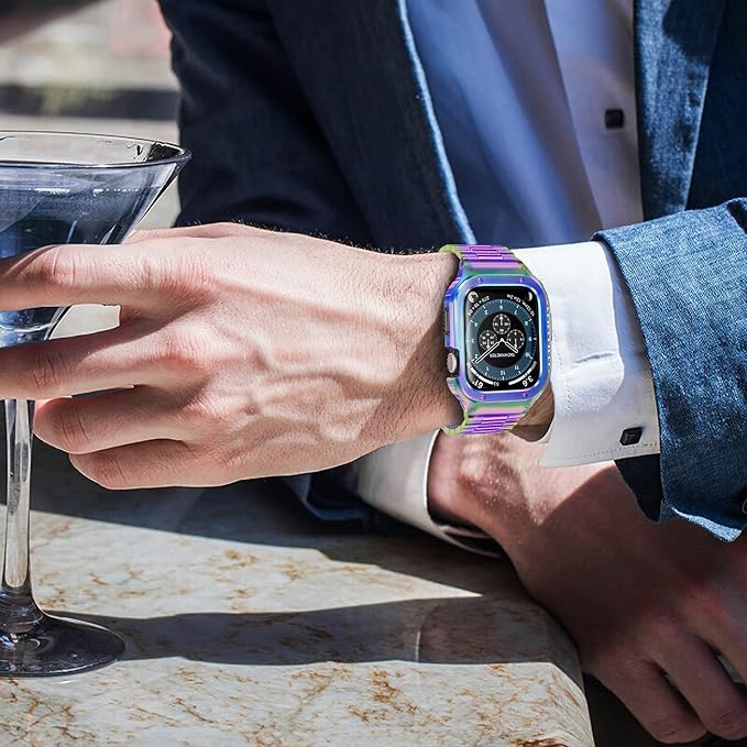 MioHHR Stainless Steel Band and Case Compatible with Apple Watch Band 41mm 40mm 38mm, Men Metal Protective Bumper Cover for iWatch Series 9/8/7/6/5/4/3/2/1/SE/SE2/SE3, Multicolor