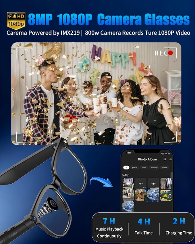 800W Ai Smart Glasses with Camera 1080P HD Video Recording, AI Translator for 160 Languages, GPT Object Recognition, Bluetooth Audio, Photochromic Lenses, 290mAh Long Battery for Travel Sports