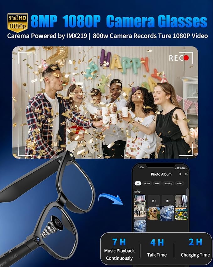 800W Ai Smart Glasses with Camera 1080P HD Video Recording, AI Translator for 160 Languages, GPT Object Recognition, Bluetooth Audio, Photochromic Lenses, 290mAh Long Battery for Travel Sports
