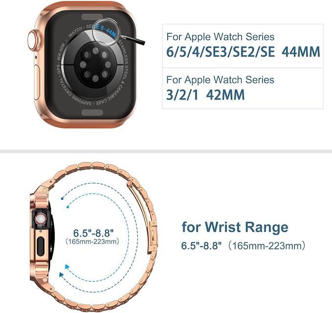 MioHHR Stainless Steel Watch Band with Case Compatible with Apple Watch Series 6 5 4 SE3/2/1(44mm) Series 3/2/1(42mm),Rugged Strap with Metal Protective Bumper Cover for iWatch Band Men(Rose Gold)