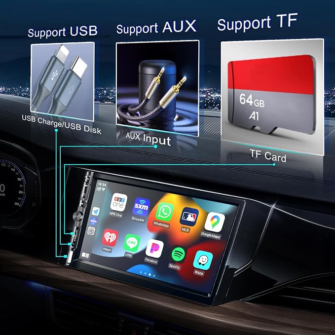 Wireless 7 Inch Double Din Car Stereo with Apple Carplay,HD 1024 * 600 Touch Screen,FM Car Radio Receiver with Bluetooth 5.1 Hands-Free,GPS Navigation,Backup Camera,Android Auto,USB/AUX/TF/SWC/EQ