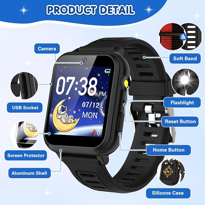 MOFGDNI Smart Watch for Kids with 39 Games Touchscreen Camera Video, Music Player, Pedometer, Calculator, Calendar, Stopwatch, Flashlight, Alarm Clock 12/24 hr, Birthday Gifts Toys for Boys Ages 3-12