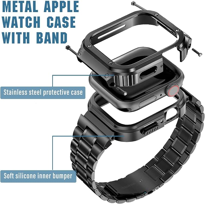 MioHHR Stainless Steel Watch Band with Case Compatible with Apple Watch Series 9/8/7(45mm),Rugged Strap with Metal Protective Bumper Cover for iWatch Band Men(Black)