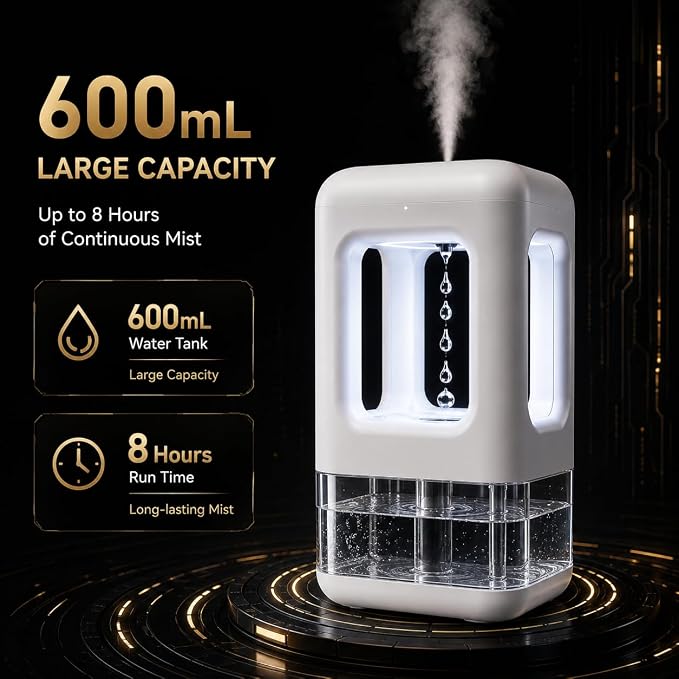 0.6L White Mini Humidifier with Anti-Gravity Water Drop Effect, Cool Mist Desktop Humidifier for Bedroom, Office Desk, Nightstand & Indoor Plants, 36dB Quiet, Night Light, Auto Shut-Off