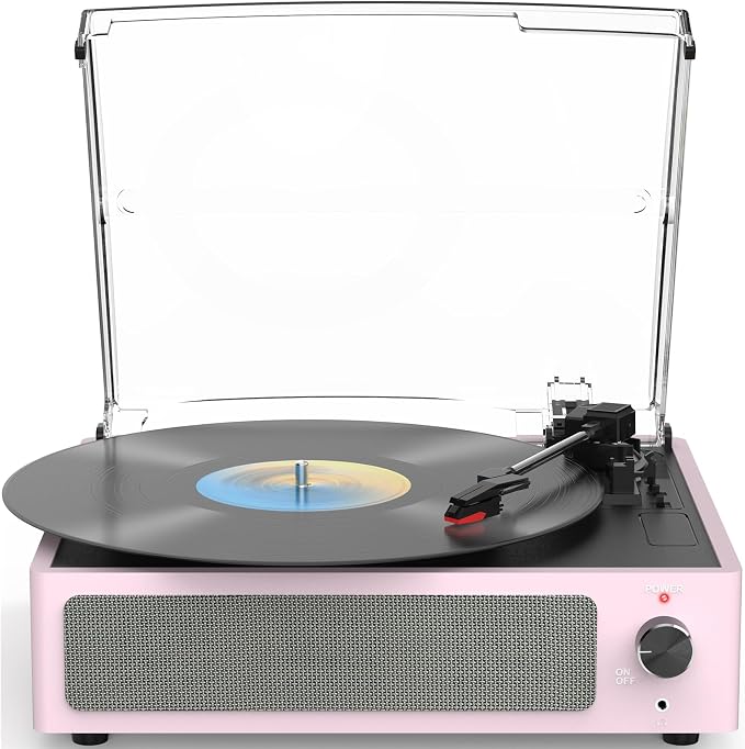 Record Players for Vinyls Turntable with Speakers Belt-Driven Turn Tables LP Phonograph Support 3-Speed Full Size Bluetooth Wireless Playback Headphone AUX RCA Line New Sleek Pale Light Pink