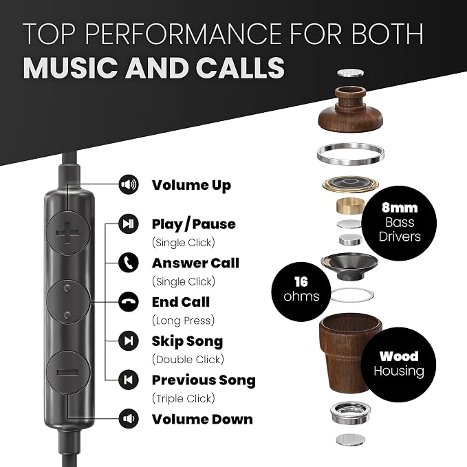 Symphonized iPhone Earphones Wired Deep Bass Sound, 3D Sound, Microphone Volume Control, Noise Isolation, Bubinga Wooden with Lightning (Apple MFI Certified), iPhone SE to 14 Earbuds