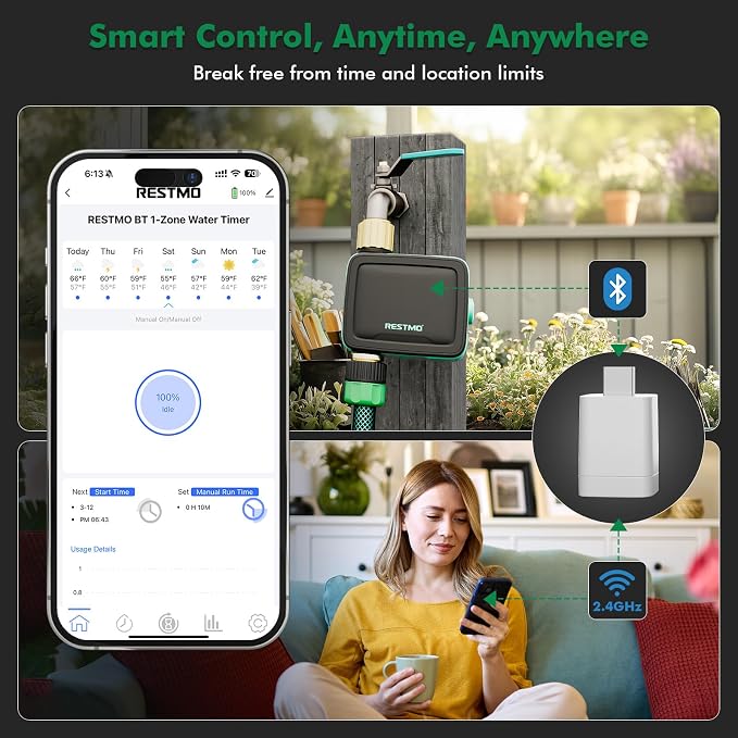 RESTMO WiFi Smart Sprinkler Timer with APP Remote Control for Garden Hose | 1-Zone, Built-in flow meter, 2.4GHz WiFi connection, automatic drip irrigation for lawn & outdoor yard