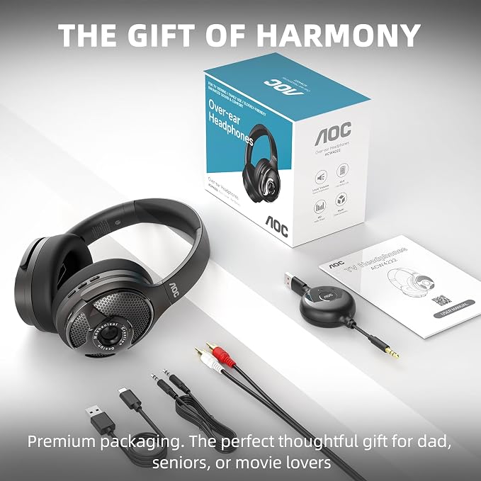 AOC Wireless Headphones for TV, TV Headphones Wireless for Seniors, 2.4GHz Plug and Play Transmitter for No Audio Delay, 48H Battery Over Ear Headset with Bluetooth 5.4