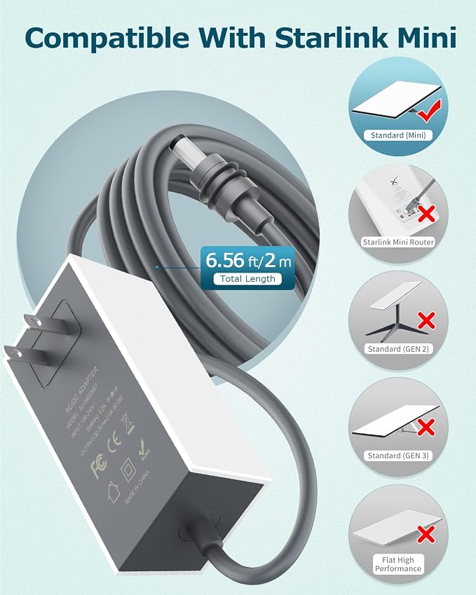 Starlink Mini Power Supply Adapter 30V 2A 110V-240V AC to DC Chager Adapter for Starlink MINI 12V Power Cable Wall Plug 60W Fast Charger Waterproof, Compatible with Star Link Mini DC Cord