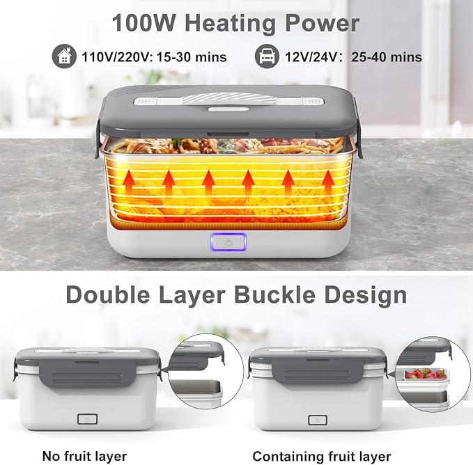 Herrfilk Electric Lunch Box Food Heater 100W, 4 in 1 Ultra Quick Heated Lunch Boxes for Adults 12V/24V/110V/220V Portable Food Warmer for Car/Truck/Office With Fork Spoon and Insulated Carry Bag