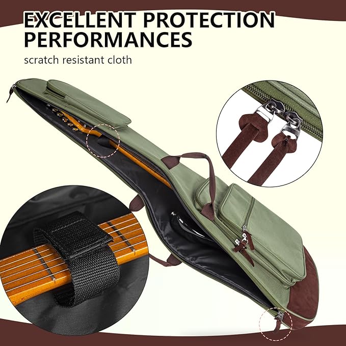 Electric Guitar Bag 0.5 Inch Padding Electric Guitar Case, Electric Guitar Gig Bag Backpack with Neck Strap and 4 Pockets, Green