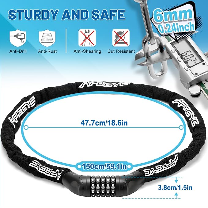 APECYC Bike Lock Heavy Duty Anti Theft, 3/4/5/6FT Bike Chain Lock with 5 Digit Resettable Combination, Bicycle Lock for E Bike, Scooter & Motorcycle, Cut Resistant Security Chain with Protective Cover