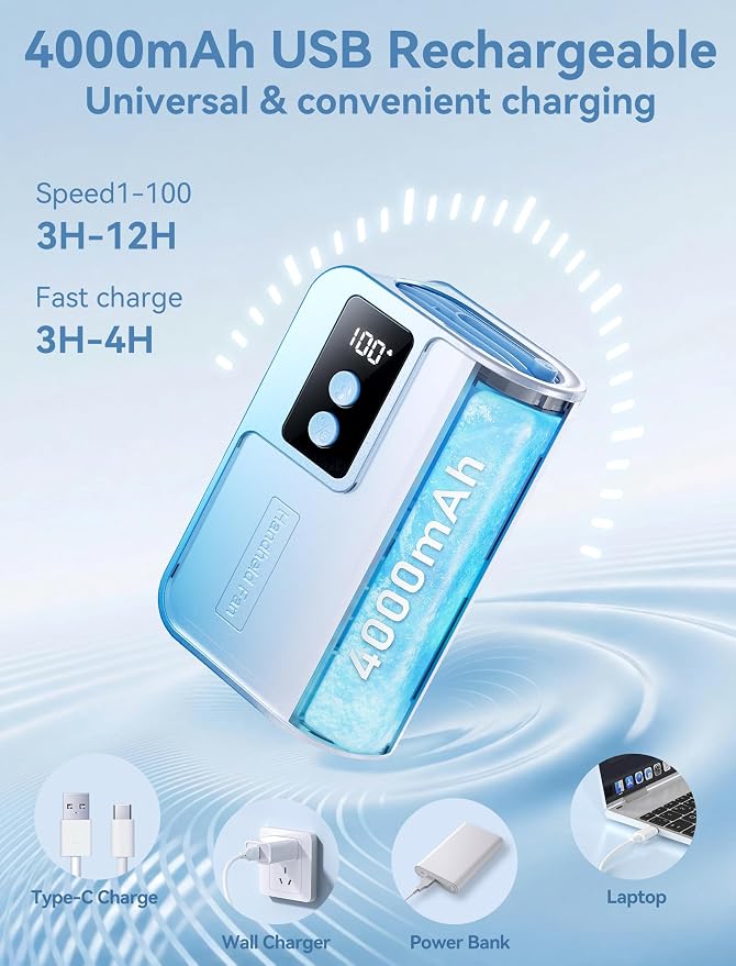 Sunoony Portable Handheld Fan with Ice Cooler, 4000mAh 100Levels Stepless Speed, 20H Long Battery Life, 20000RPM Turbo Fan Rechargeable Personal Mini Fan for Travel, Outdoor, Makeup (Blue)