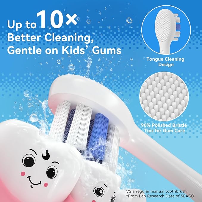 SEAGO Kids Electric Toothbrushes Rechargeable, Sonic Toothbrush with Pressure Sensor, Smart Timer and Silicone Coat, 8 Toothbrush Heads for Ages 3+ Boys Girls (Red)
